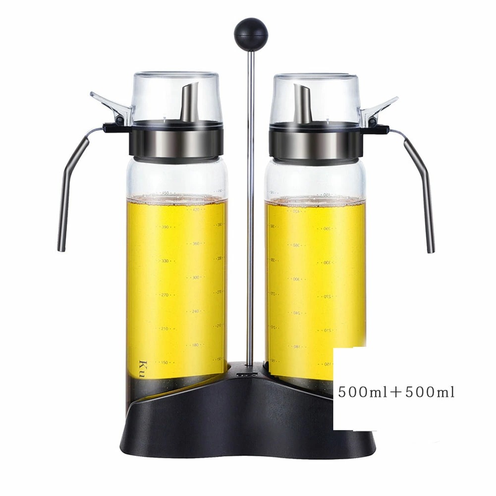オイルボトルセット品 収納棚付き 滑り止め加工 割れ防止 調味料入れ 醤油ボトル 酢ボトル 油さし オイル差し ガラス素材 家庭キッチン 飲食店 2個