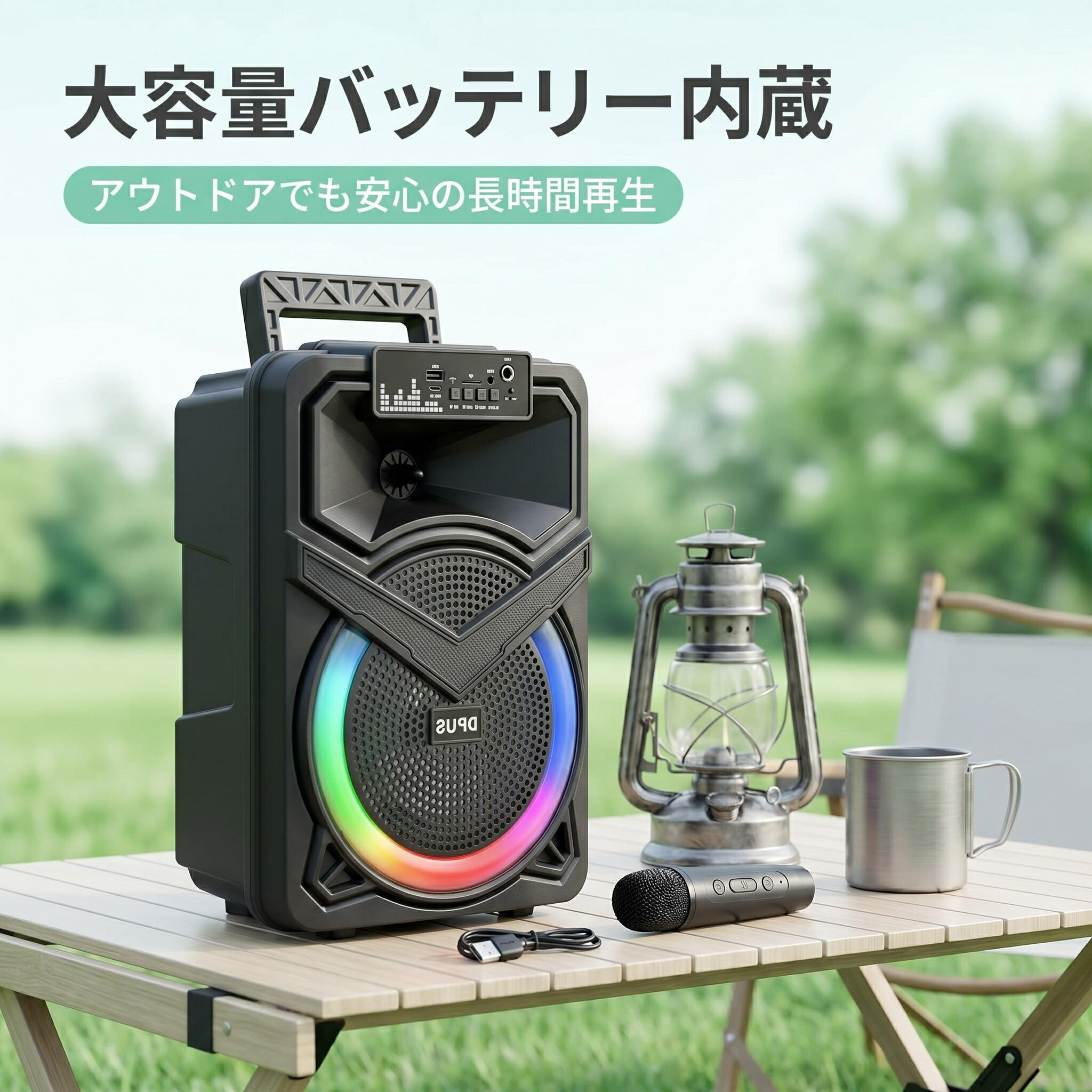 8インチ ポータブルカラオケスピーカー 10W大出力 低音強化 ワイヤレスマイク同梱 RGBリズムライト TWS連動 USB/TF/AUX/FM対応 屋内外兼用｜アクリルデコデコ店