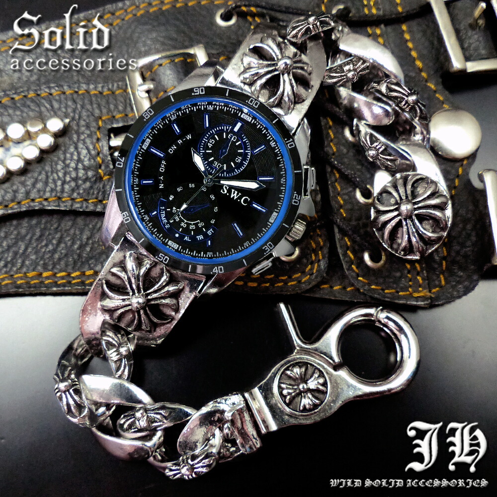 送料無料 ブレスレット 腕時計 メンズ 時計 ブレスウォッチ ブレスレットウォッチ クロス 十字架 シルバー Cr 黒 ブラック 青 ブルー プレゼント ギフト 男性 誕生日 アクセone 男性用 おしゃれ クロノグラフ デザイン Ct112 あす楽対応 新作 服 夏 夏服 夏物 夏用