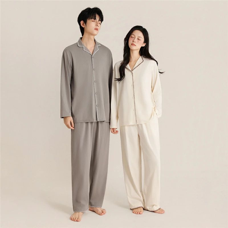 ペア パジャマ 長袖 セット 綿100％ 前開き 無地 カジュアル 春 カップル シンプル コンフォート ニット 長袖トップス ルームウェア 春 コットン ペアパジャマ 結婚祝い プレゼント お祝い おもしろ 春秋 夫婦 ギフト 上下セット レディース 部屋着 メンズ