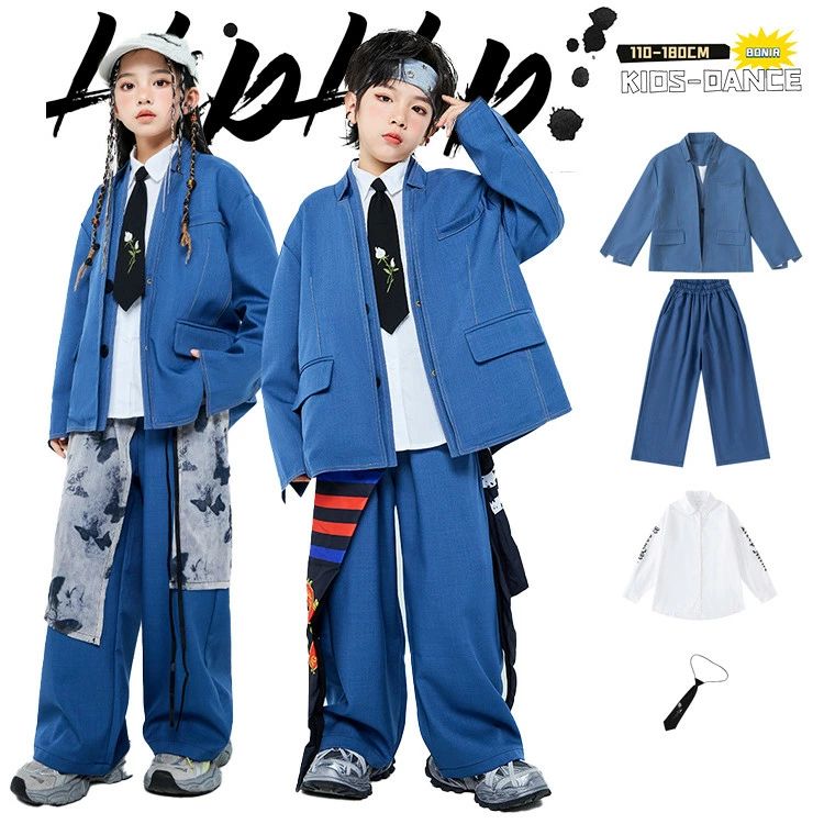 子供服 キッズ ダンスウェア スーツ風 練習着 ダンス衣装 ブルージャケット ブラック ネクタイ ホワイト シャツ 蝶々 ラップスカート ストリートフォーマル K-POP 女の子 男の子 アイドルステージ ダンススクール 発表会 団体 110-180cm おしゃれ 目立つ