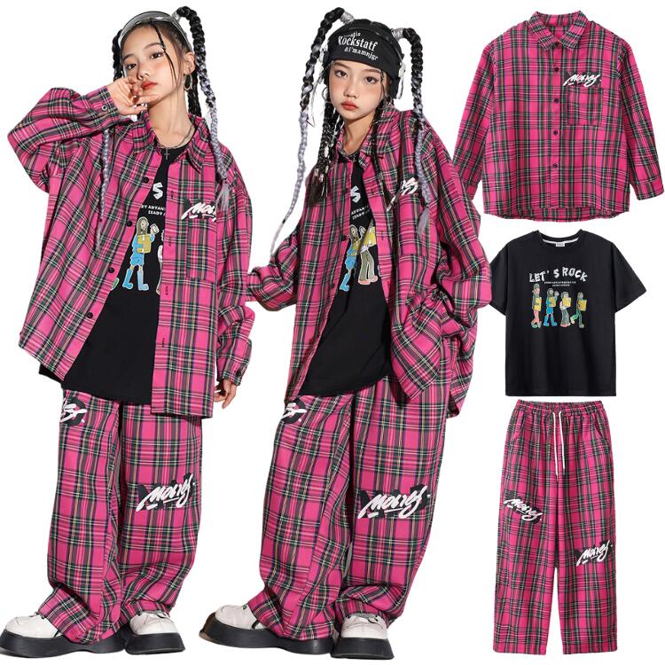 ダンス 衣装 キッズ セットアップ 子供服 ヒップホップ 衣装 ガールズ チェック柄 シャツ 長袖 ロングパンツ キッズダンス衣装 女の子 男の子 セットアップ ストリート系 ダンス衣装 HIPHOP 子供 練習着 発表会 K-POP かっこいい