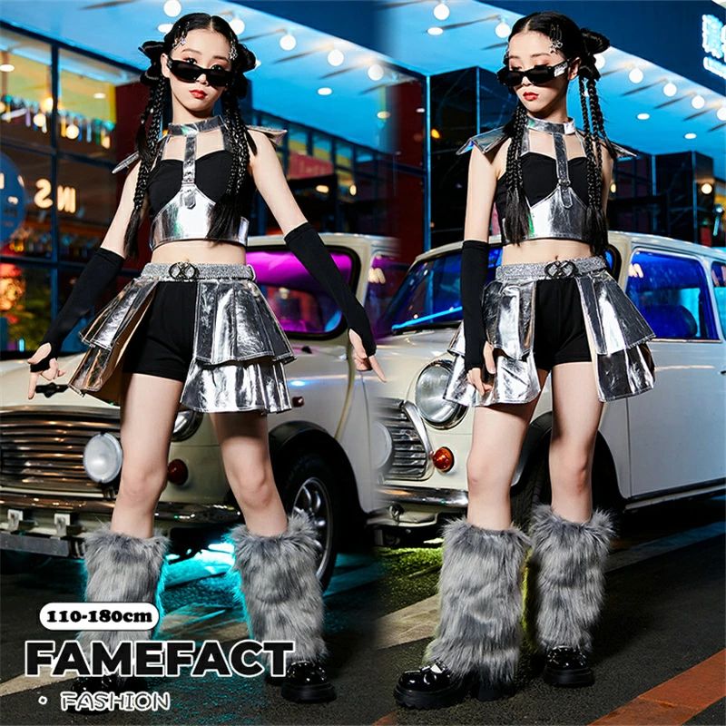 キッズ ダンス 衣装 HIPHOP ストリート系 舞台衣装 女の子 セットアップ ヒップホップ シルバー ブラック へそ出し トップス レッグウォーマー タンクトップ 韓国 KPOP ショートパンツ ジャズ 舞台 120-170