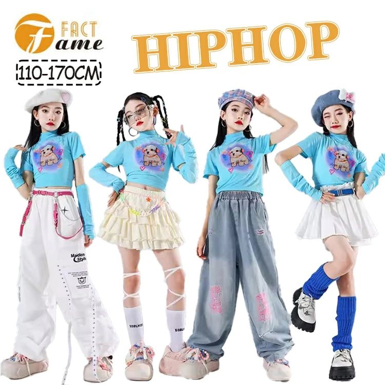 キッズ 女の子 ダンス ヒップアップ 水色 へそ出し ダンス衣装 女の子 ガールズ 短パンツ 長ズボン ストリート系 スカート ダンス衣装 半袖 デニム ジャッズ 日常着 ジュニア 可愛い jazz K-POP オシャレ 練習着 団体服 応援団 発表会 110-170