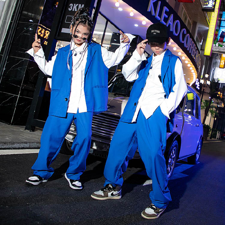 ダンス 衣装 ベスト キッズ 青 セットアップ 女の子 男の子 ダンススーツ 白シャツ 長袖 ヒップホップ ジャズダンス ワイドパンツ 韓国 k-pop衣装 キッズダンス衣装 かっこいい ゆったり 子供 団体服 ジュニア イベント 発表会 演出服 応援団 大きめ 120 180cm