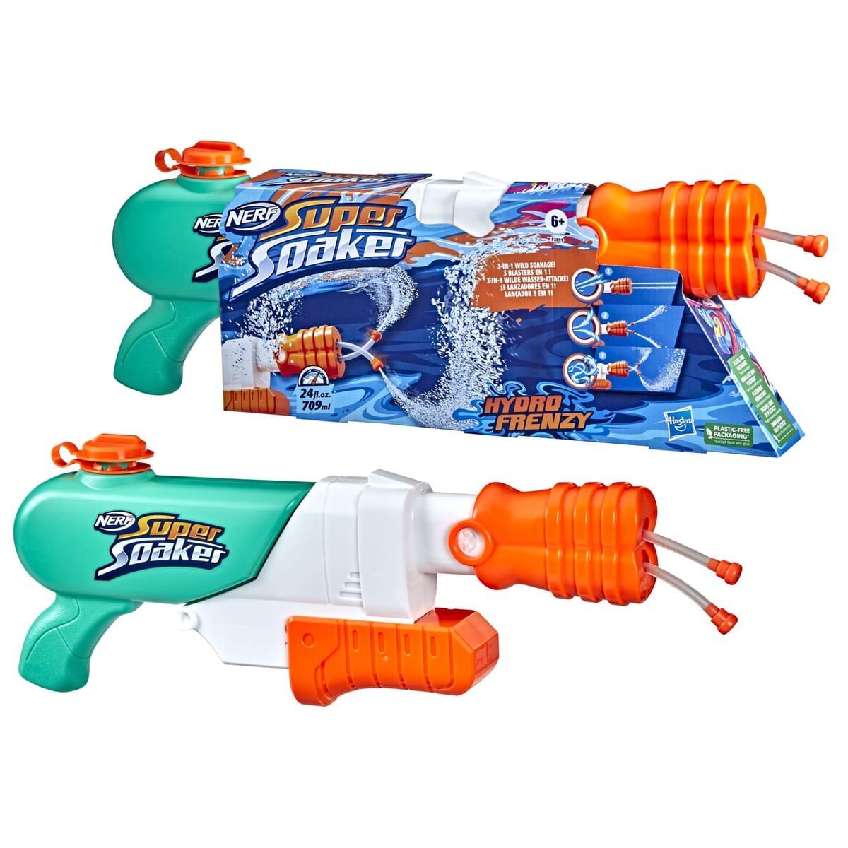 ハズブロ(HASBRO) ナーフ スーパーソーカー ハイドロフレンジー ウォーターブラスター タンク容量709mL ワイルド 3種類の噴射モード、調整可能ノズル、2本の発射チューブ、子供から大人まで楽しめる F3891 正規品