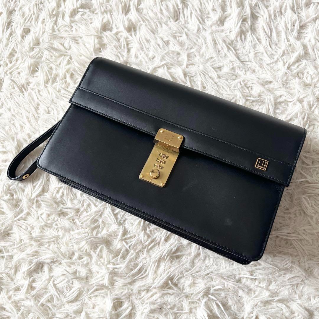 Alfred Dunhill ロック付きクラッチバッグ ブラック Dunhill ダンヒル ダイヤルロック式 レザー フラップ クラッチ