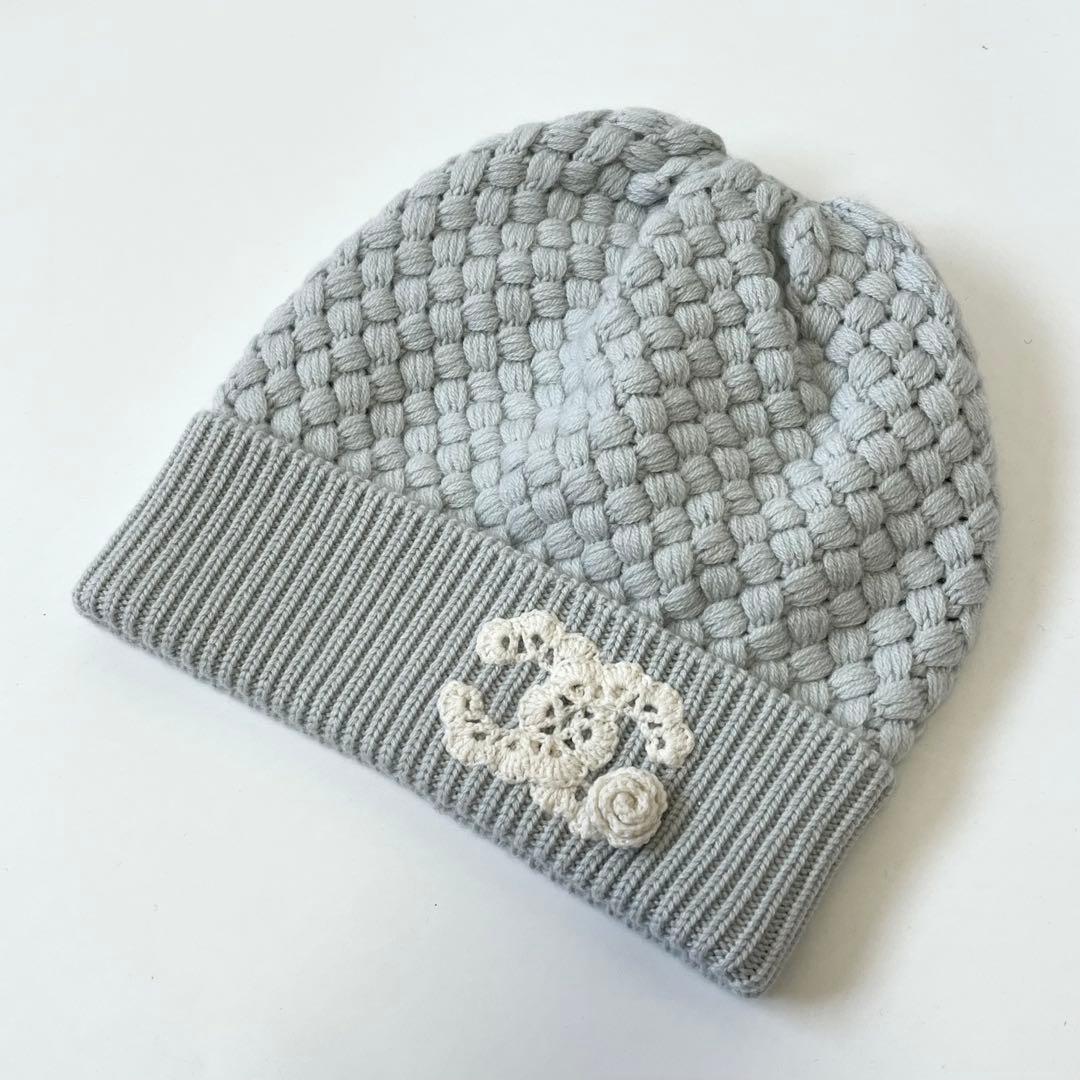 CHANEL シャネル 編み物帽 ココマーク カメリア 編み込み カシミール100% 点火装置青碧 白いこと ビーニー 【中古】