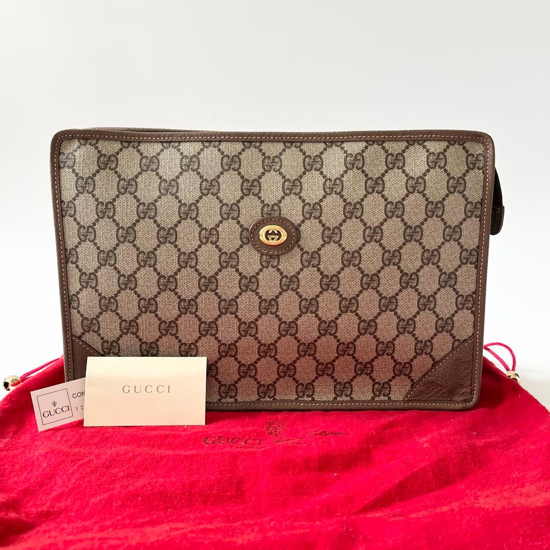GUCCI グッチ クラッチペダル御徒面子 GGスプリーム PVC なめし革 ベージュ 赤銅色 二つ目御徒面子 ヴィンテージ 【中古】