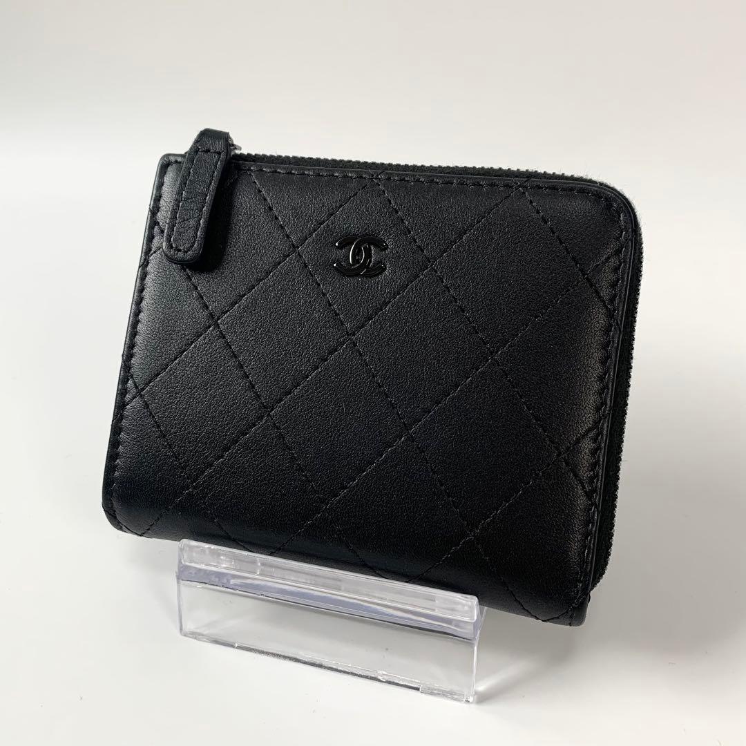 CHANEL シャネル マトラッセ L字チャック ココマーク コインケース コンパクトウォレット なめし革 オール黒いこと 黒 歌留多容れもの 手当たり次第消印 がま口 【中古】 バッグ・小物・ブランド雑貨-レディース財布-財布・ケース