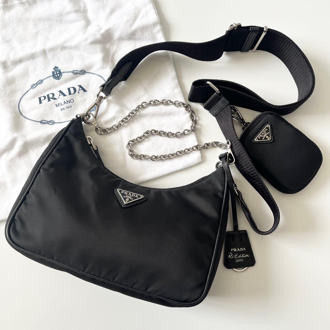 PRADA　プラダ　Re-Edition 2005　Re-Nylon　2way　ショルダーバッグ　リナイロン　ブラック　チェーン　三角プレート　1BH204　【中古】
