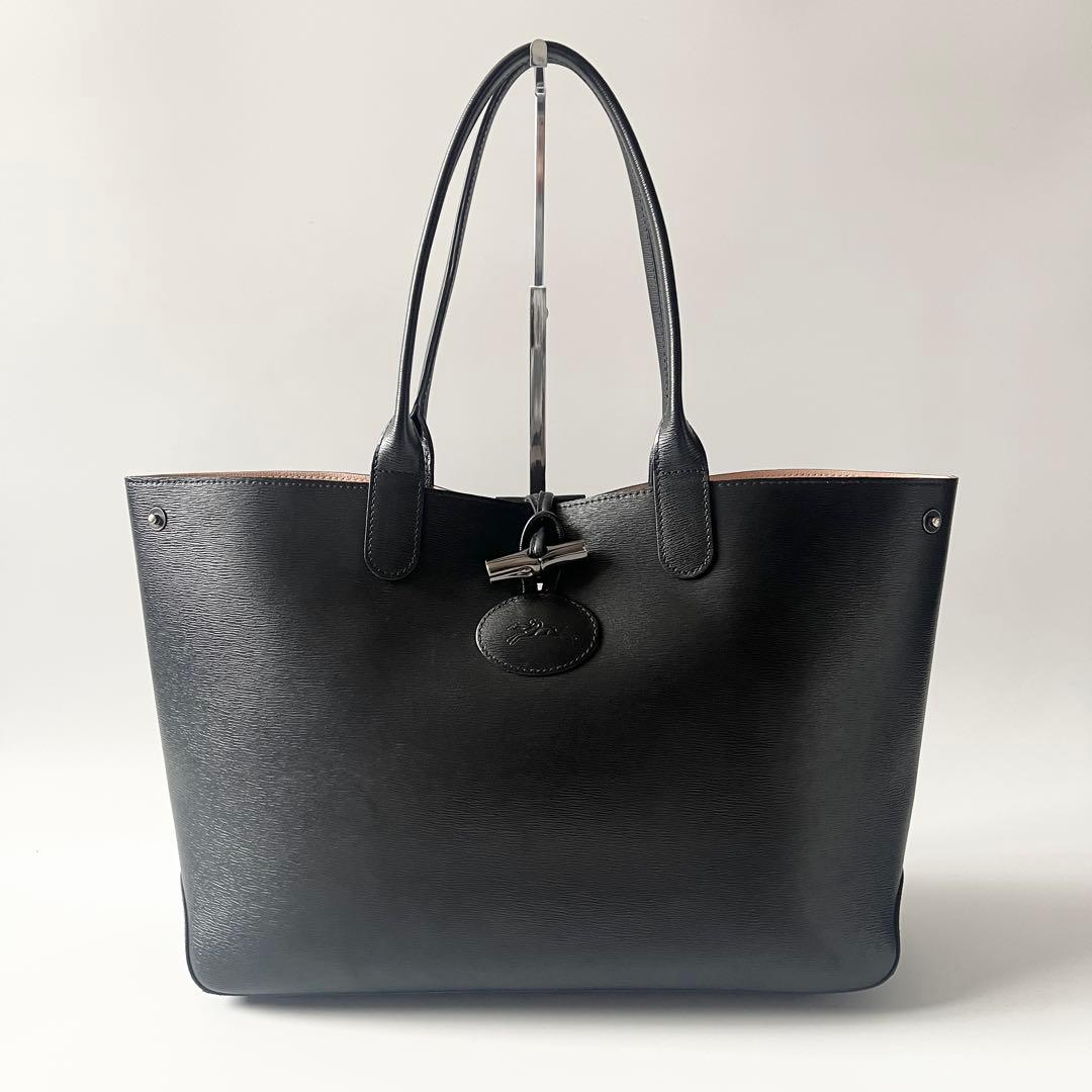 LONGCHAMP ロンシャン トートバッグ ロゾ サフィアーノレザー 黒いこと さくら色 トグル ロゴタイプ型押し A4能力のある 【中古】