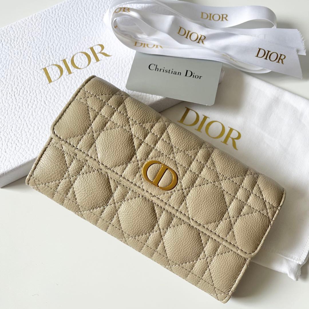 Christian Dior ディオール カナージュ Caro カロ オーちびっ子 ロングウォレット なめし革 ベージュ 長金入れ 【中古】