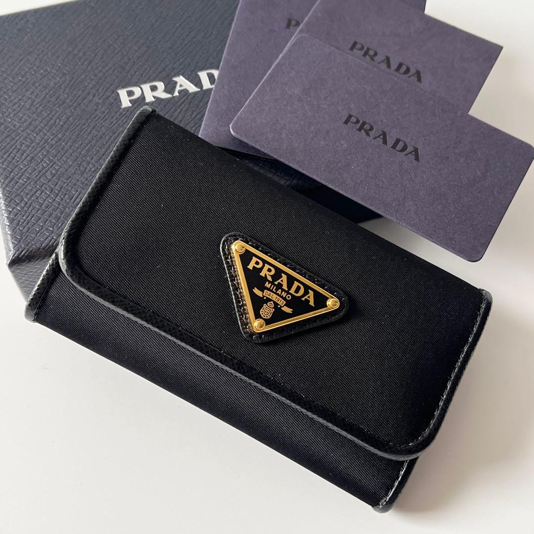 PRADA プラダ 6連手当たり容れもの ナイロン サフィアーノレザー 黒いこと ３角形一皿 集積回路曳き船突きとめる済み 1PG222 【中古】