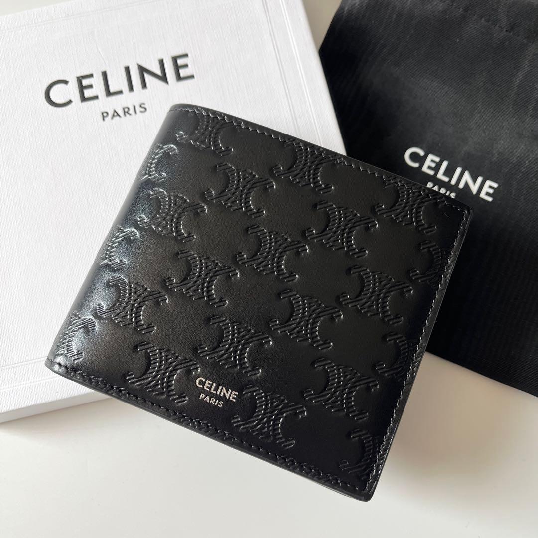 CELINE　セリーヌ　バイフォールドウォレット　二つ折り財布　トリオンフ　エンボス加工　カーフスキン　レザー　ブラック　イタリア製　【中古】｜Ala Vintage Shop