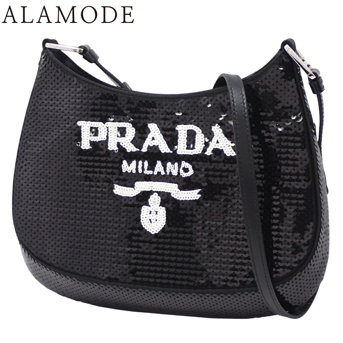 PRADA(プラダ) クレオ スパンコール ショルダーバッグ 肩掛け 斜め掛け 2WAY ハンドバッグ スパンコール レザー PAILLETTES パイエット NERO+BIANCO ブラック黒 ホワイト白 シルバー金具 1BC169 レディース 40802158484【中古】【アラモード】
