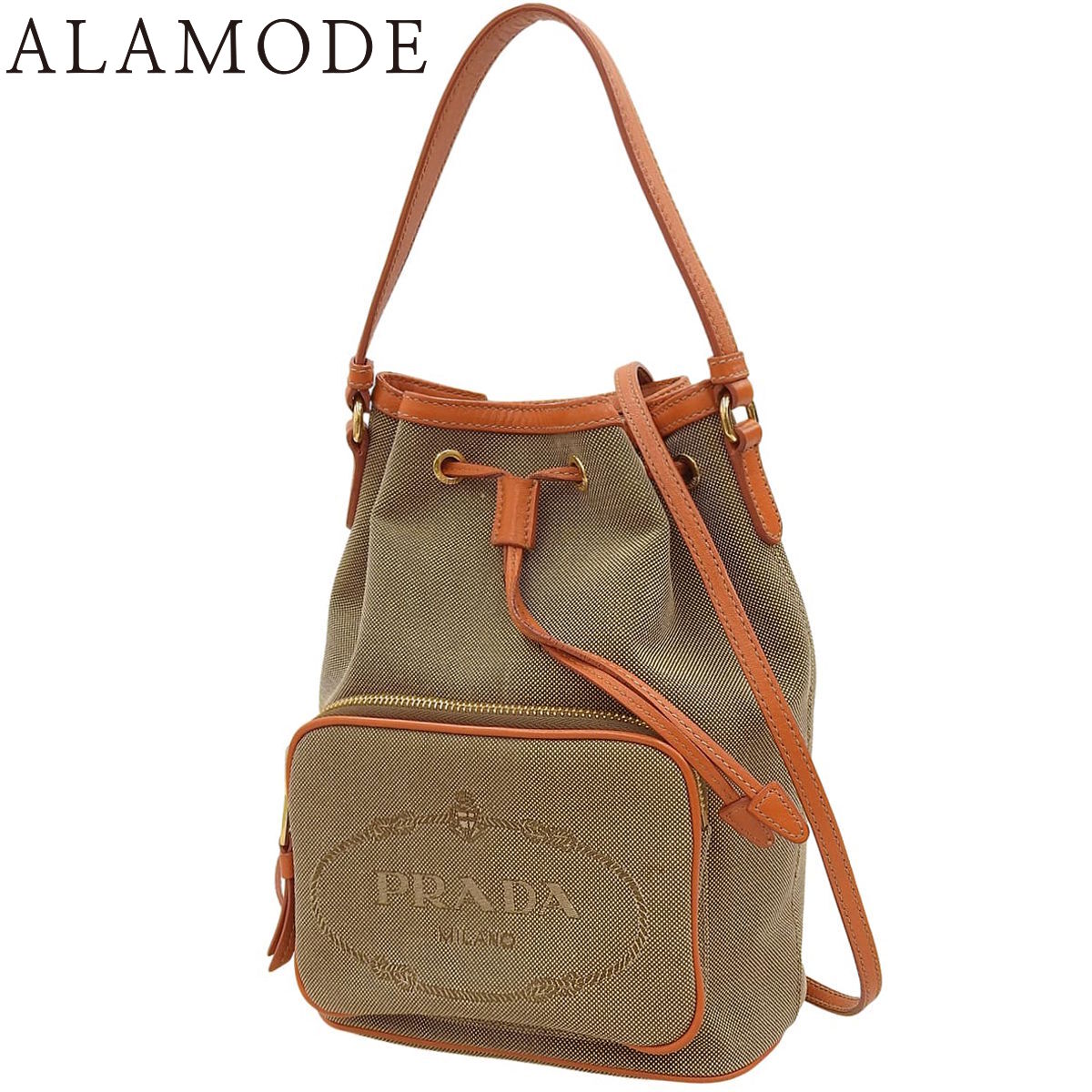 PRADA(プラダ) デュエット バケットバッグ ハンドバッグ 2WAY 巾着型 ショルダーバッグ 肩掛け 斜め掛け キャンバス レザー ベージュ オレンジ ゴールド金具 1BH038 レディース 40802166037【中古】【アラモード】 40802166037-1_wm.jpg