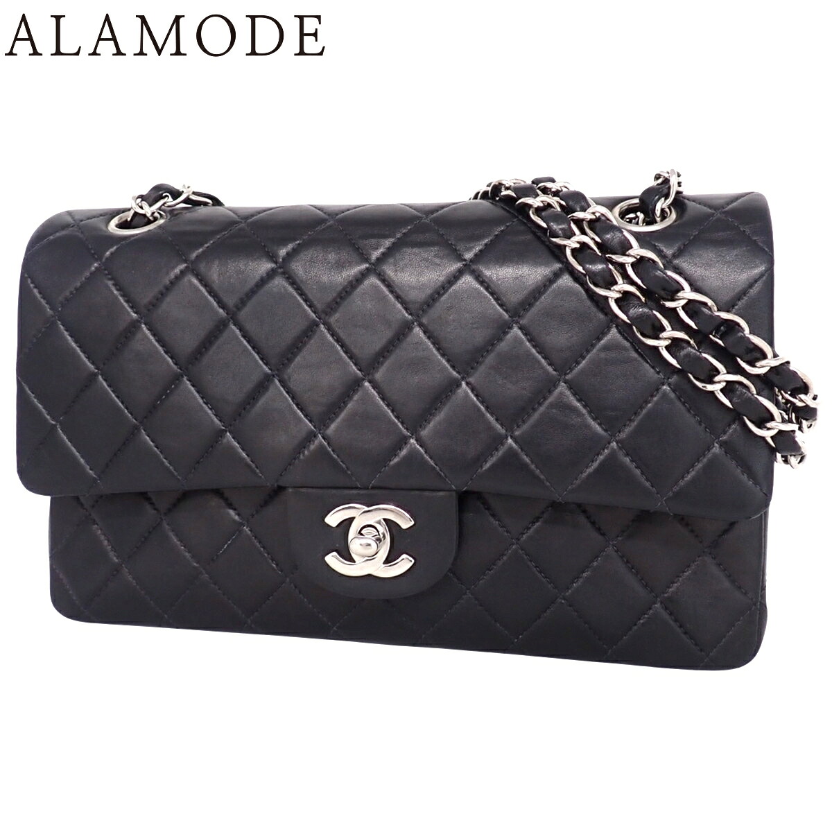 CHANEL(シャネル) ココマーク Wフラップ25 チェーンショルダーバッグ ショルダーバッグ 2WAY 肩掛け ダブルフラップ ラムスキン ブラック黒 シルバー金具 A01112 レディース 40802170083【中古】【アラモード】