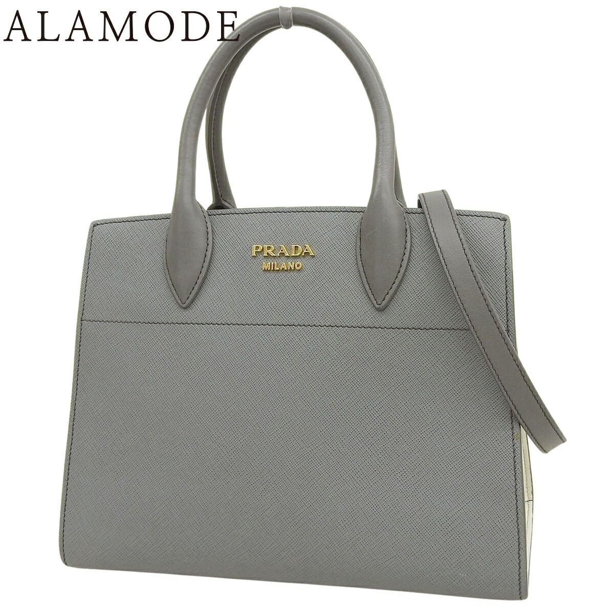 PRADA(プラダ) ビブリオテーク バッグ ハンドバッグ ショルダー 肩掛け 2WAY バイカラー サフィアーノレザー MERCURIO グレー ホワイト白 ゴールド金具 1BA050 レディース 40802181377【中古】【アラモード】 73,532円