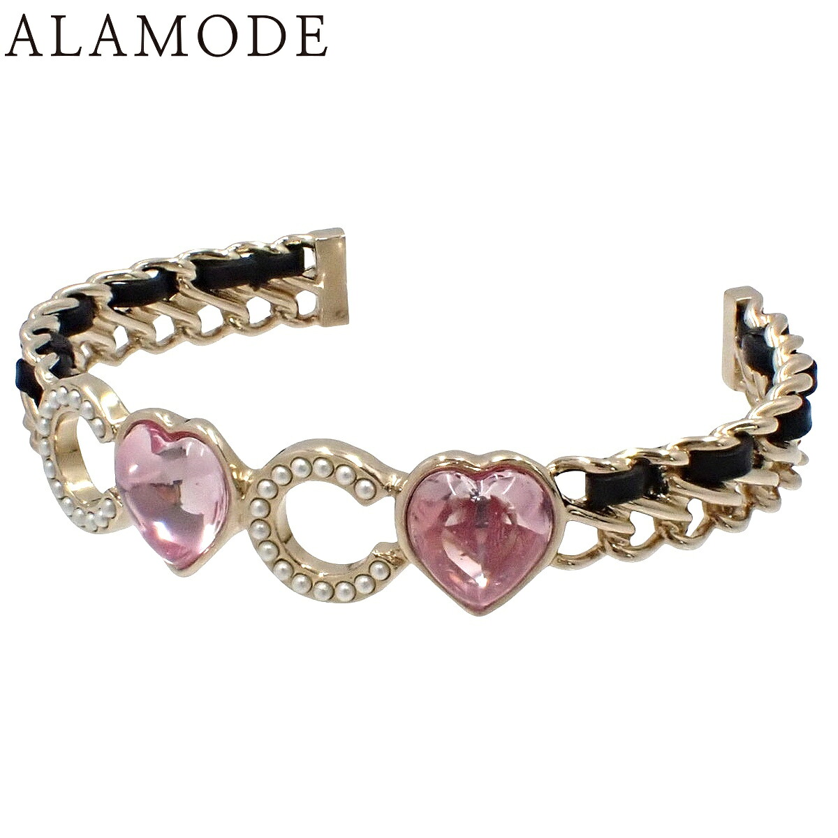 CHANEL(シャネル) COCOハートバングル メタル(GP) レザー フェイクパール S バングル アクセサリー ジュエリー シャンパンゴールド 金 ブラック黒 ピンク レディース 40802186184【中古】【アラモード】
