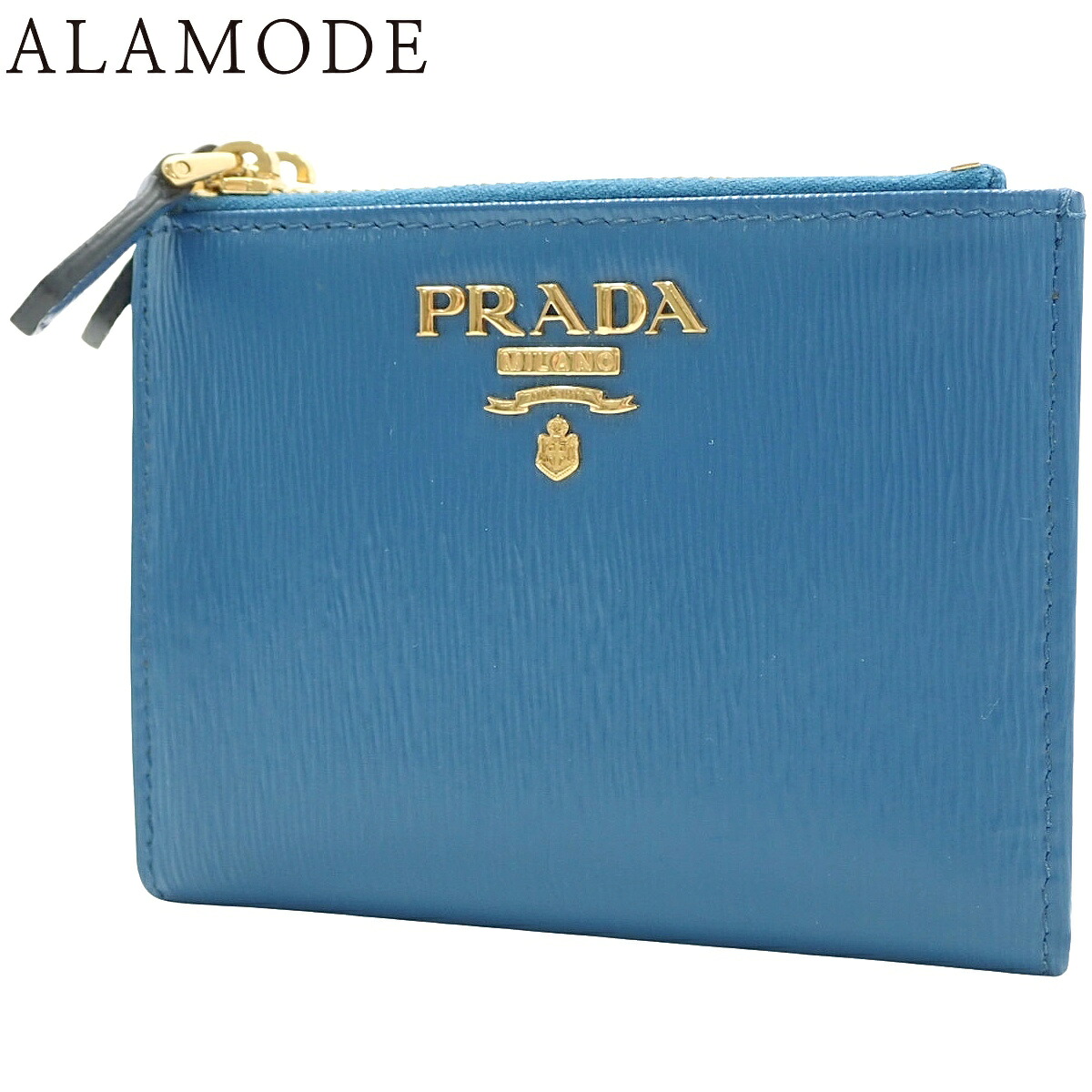 PRADA(プラダ) ダブルジップ 2つ折り財布 コンパクトウォレット 二つ折り レザー VITELLO MOVE ブルー青 ゴールド金具 1ML024 レディース 40802186478【中古】【アラモード】