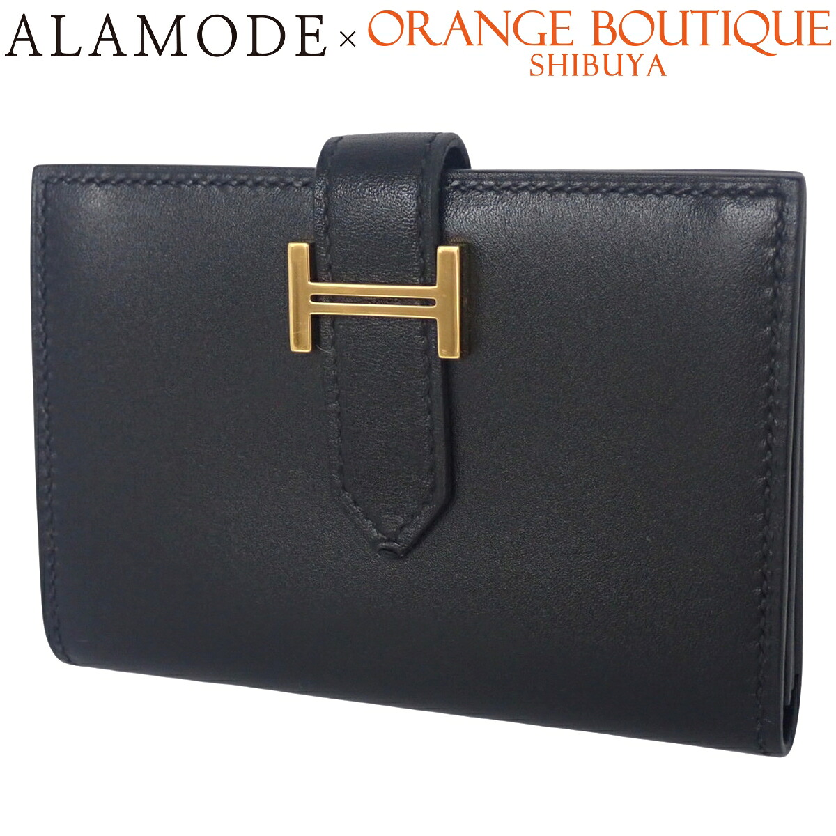 HERMES(エルメス) ベアンカードケース 黒いこと黒 タデラクト ゴールド金具 U目じるし 名刺入れ 通行手形容れもの 定期入れ 二つ折り 2つ折り ベアンミニ ユニ一発やる 40802175548【中古】【アラモード】