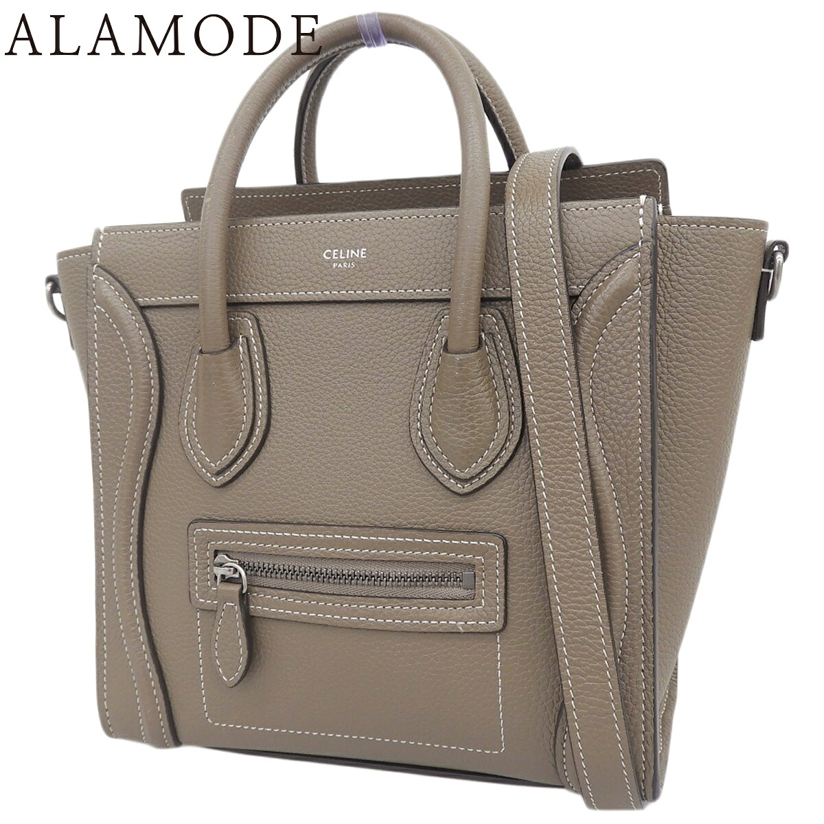 CELINE(セリーヌ) ラゲージ ナノショッパー ハンドバック 2WAY 肩先 肩かけ 曲がった掛け ドラムドカーフスキン 掏摸 グレージュ つや消ししろがね色金具 189243DRU.09SO レディース 40802183373【中古】【アラモード】
