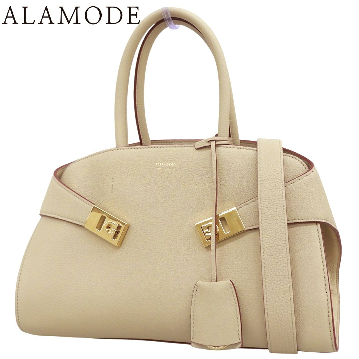 Salvatore Ferragamo(フェラガモ) ガンチーニ HUG ハンドバッグ スモール ハンドバッグ 2WAY ショルダー 肩掛け カーフ Stone ストーン ベージュ ゴールド金具 215608 779053 レディース 40802185311【中古】【アラモード】