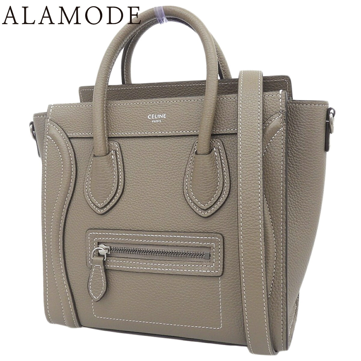 CELINE(セリーヌ) ラゲージ ナノショッパー ハンドバック 2WAY 肩先 肩かけ 曲がった掛け ドラムドカーフスキン 掏摸 グレージュ つや消ししろがね色金具 189243DRU.09SO レディース 40802186098【中古】【アラモード】