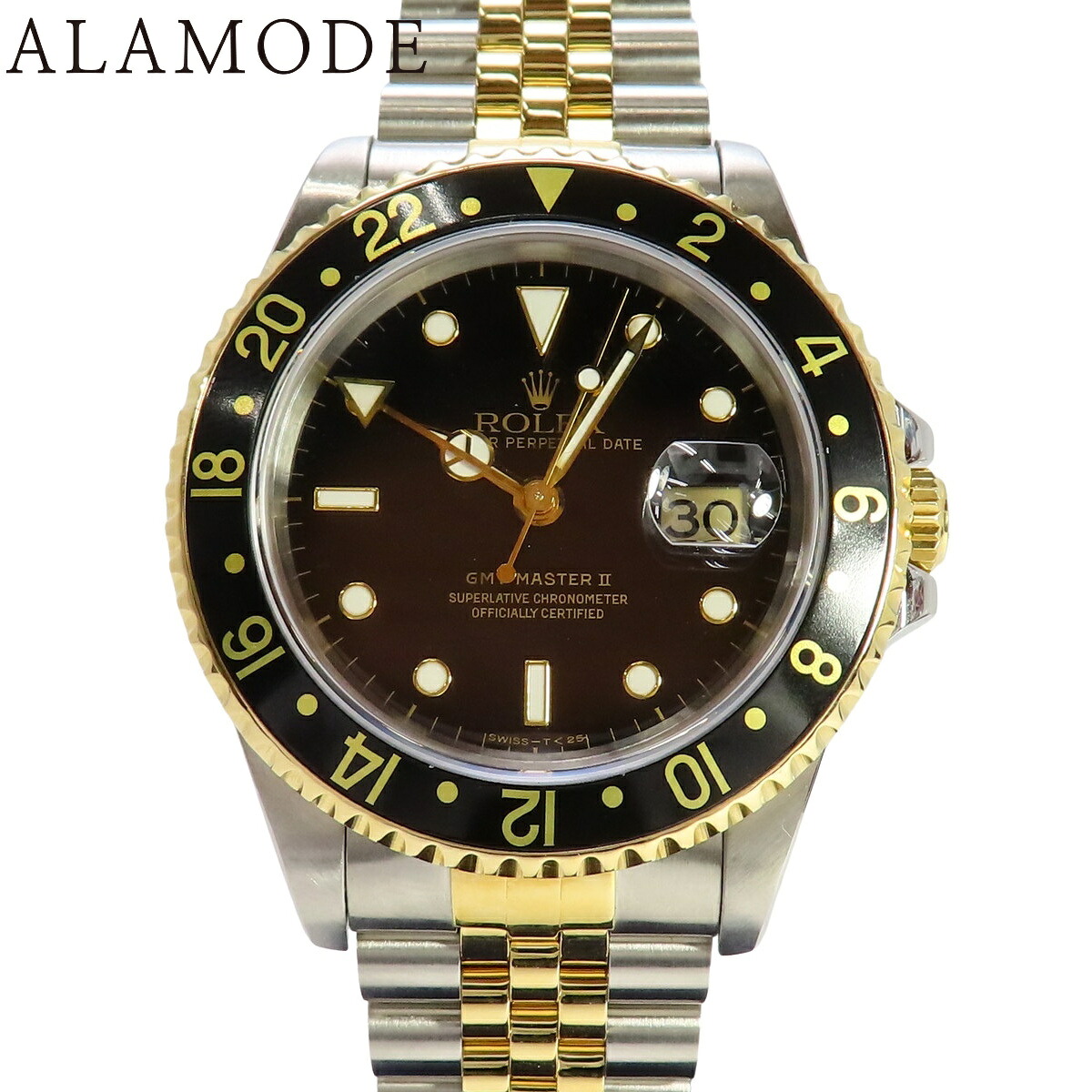 【保証書付】ロレックス GMT-マスター2 16713 YG/SS S番 ブラック 自動巻き メンズ 41100099574【中古】【アラモード】