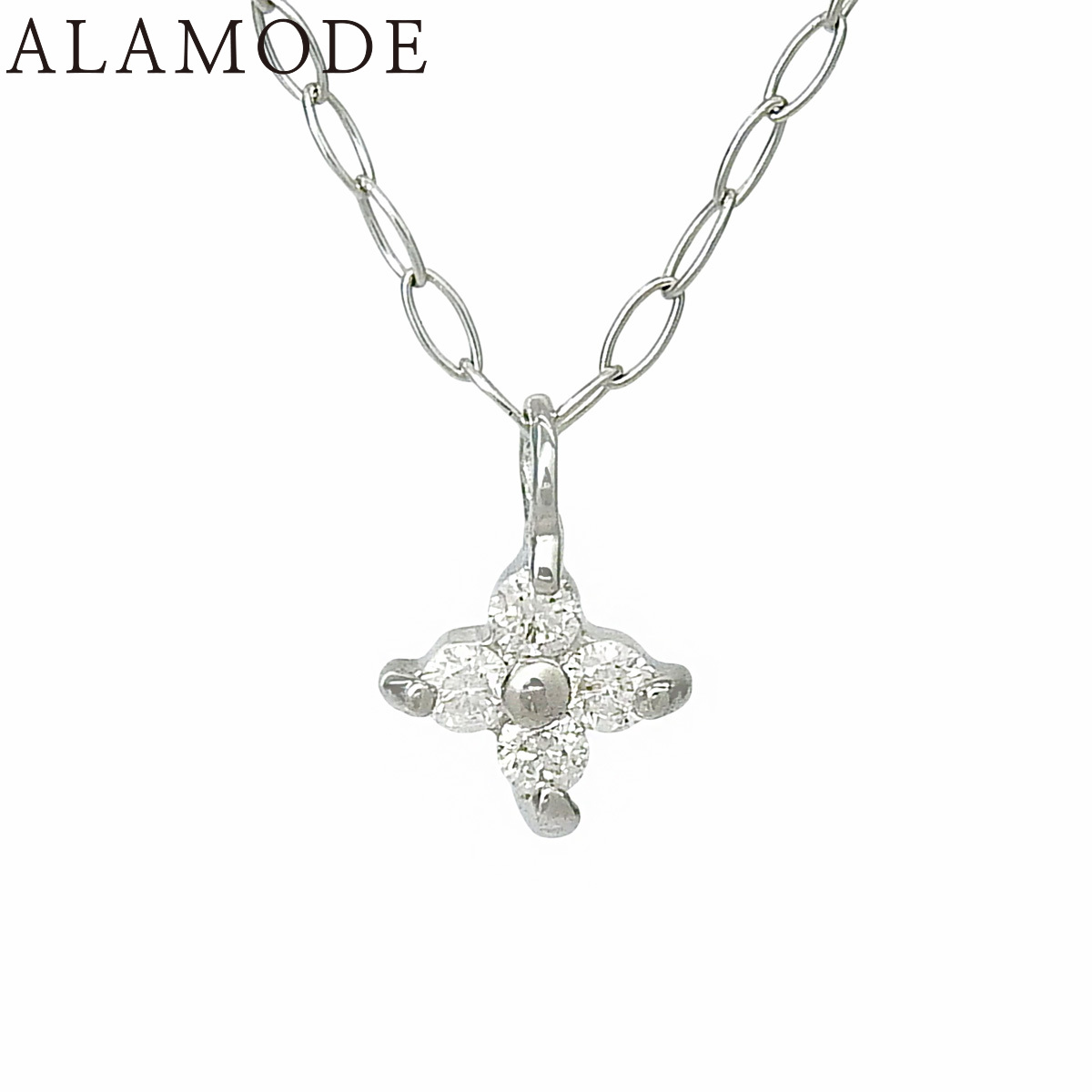 D0.03 ダイヤ ネックレス ホワイトゴールド K18WG 0.6g ネックレス アクセサリー ジュエリー フラワーモチーフ 4PD シルバー銀 レディース 40802173061【中古】【アラモード】
