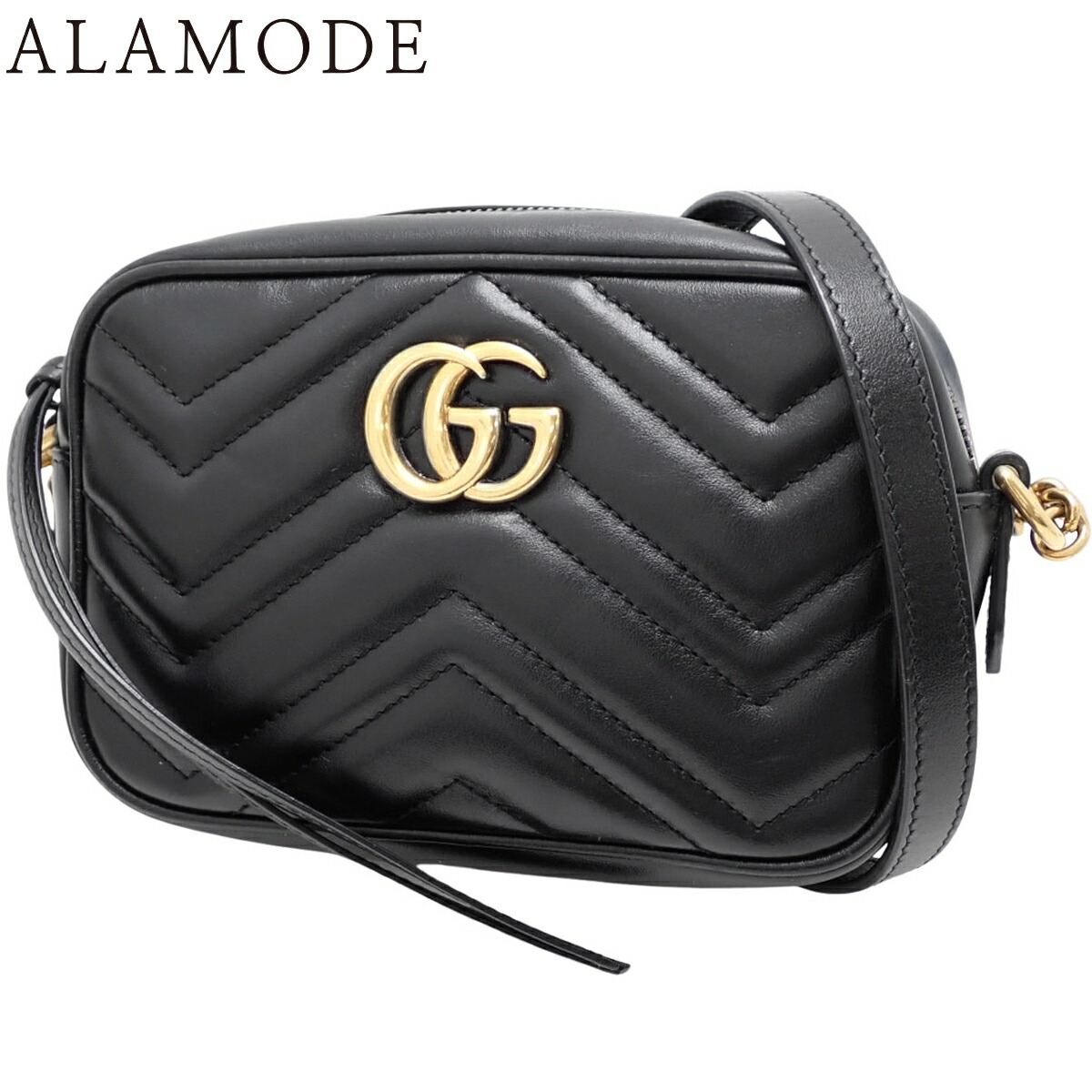 GUCCI(グッチ) GGマーモント ミニ カメラバッグ ショルダーバッグ 肩掛け 斜め掛け レザー ブラック黒 アンティークゴールド金具 448065 レディース 40802188106【中古】【アラモード】