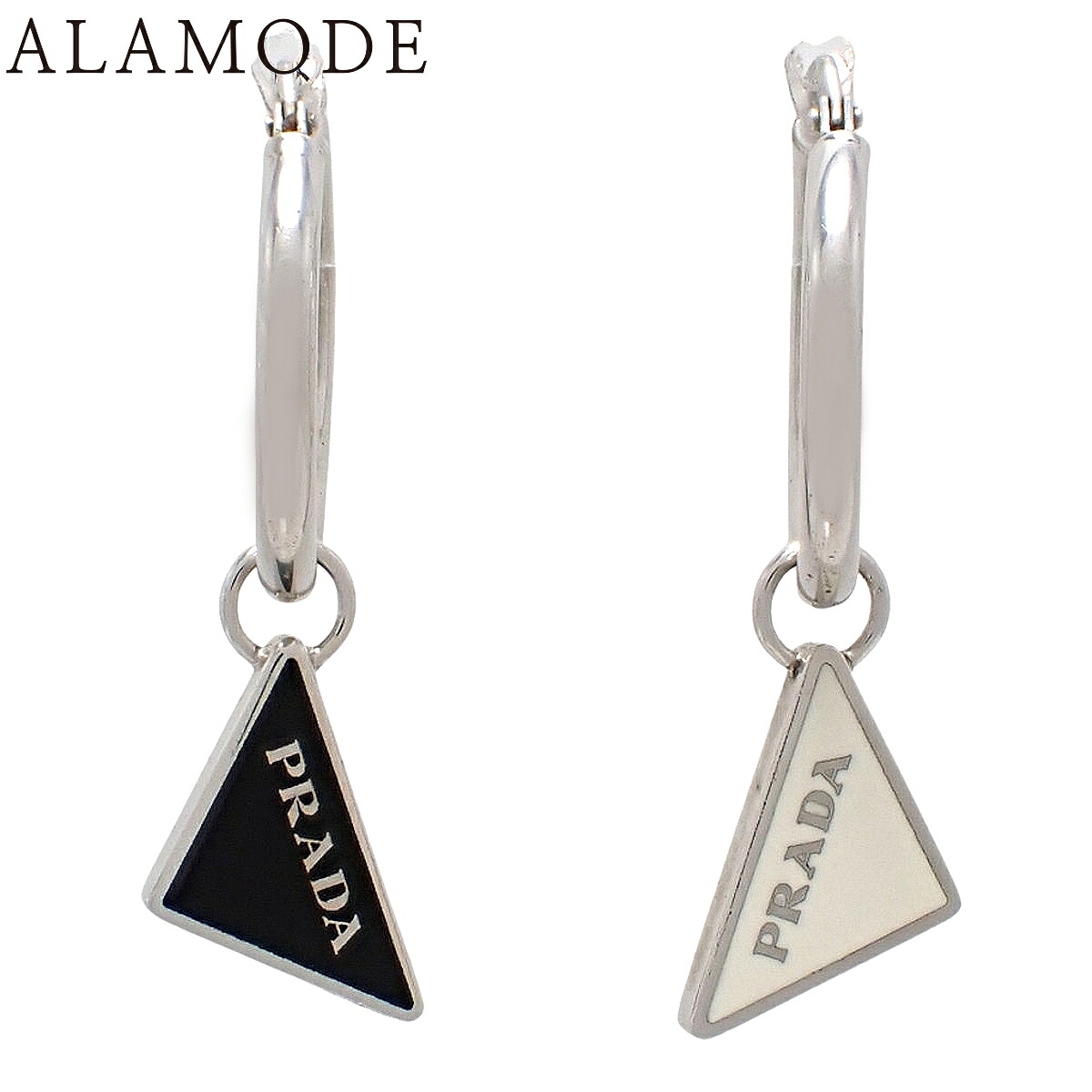 PRADA(プラダ) エナメル メタル ピアス シルバー SV925 エナメル ピアス アクセサリー ジュエリー トライアングル バイカラー シルバー銀 ブラック黒 ホワイト レディース 40806000322【アラモード】｜ALAMODE