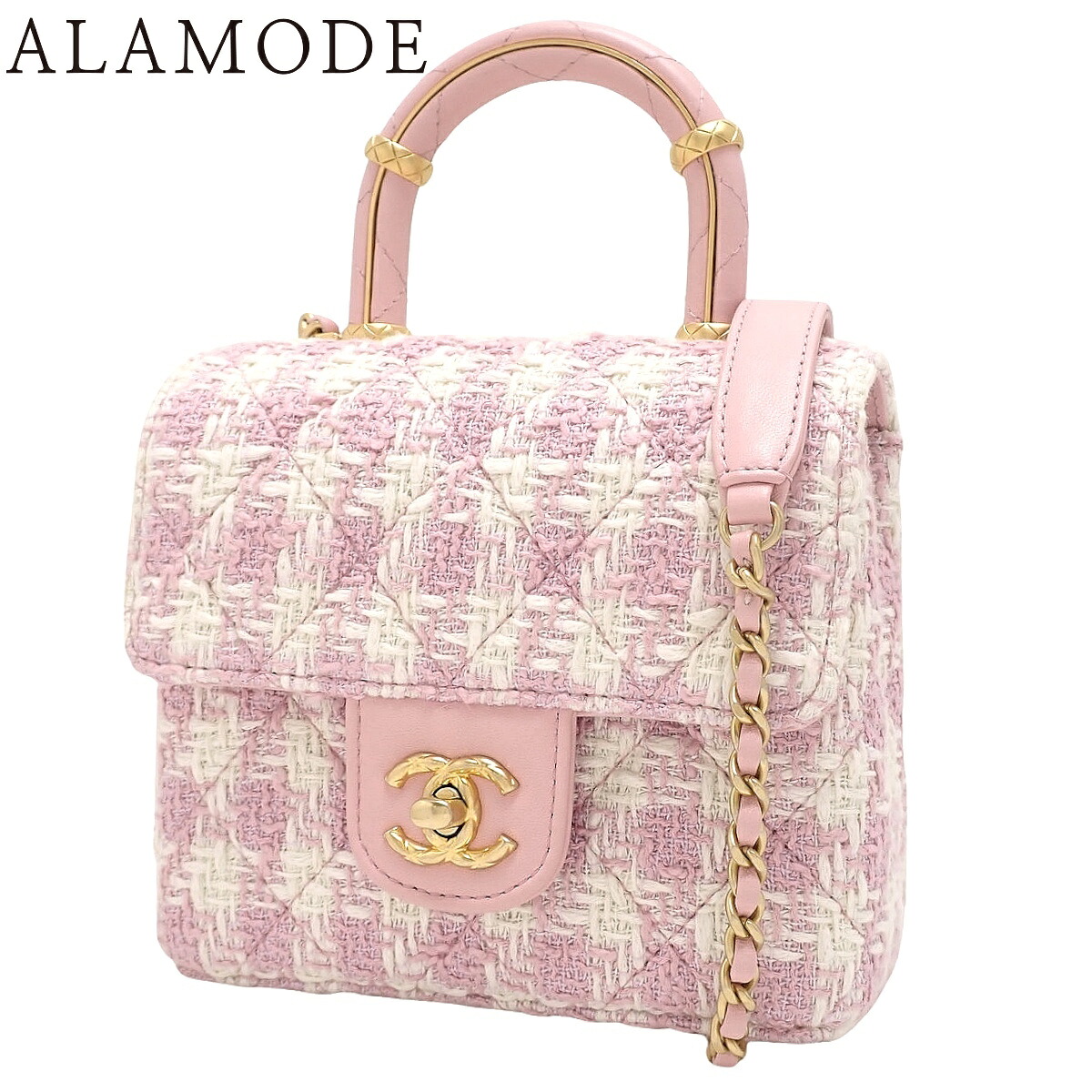 CHANEL(シャネル) マトラッセ ココマーク 2WAY ミニチェーンショルダーバッグ ショルダーバッグ 肩掛け 斜め掛け トップハンドル ツイード レザー ピンク アイボリー マットゴールド金具 AS4035 レディース 40802192464【中古】【アラモード】｜ALAMODE