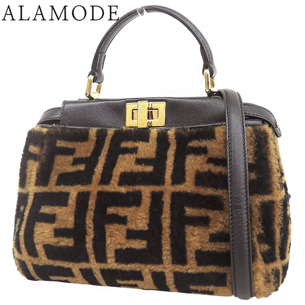 FENDI(フェンディ) ピーカブー ミニ ハンドバッグ ズッカ柄 2WAY ショルダー 肩掛け 斜め掛け レザー ファー ブラウン茶 ブラック黒 ゴールド金具 8BN244 レディース 40802191386【中古】【アラモード】|ALAMODE