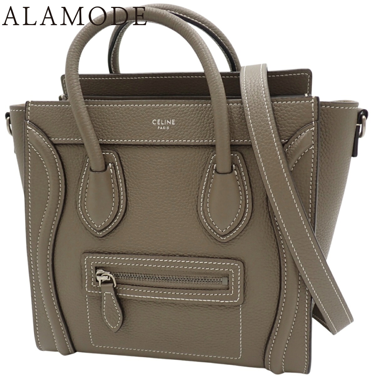 CELINE(セリーヌ) ラゲージ ナノショッパー ハンドバック 2WAY トート 肩先 曲がった掛けかばん 肩かけ嚢 なめし革 掏摸 グレージュ つや消ししろがね色金具 168243 DRU 09SO レディース 40802192364【中古】【アラモード】