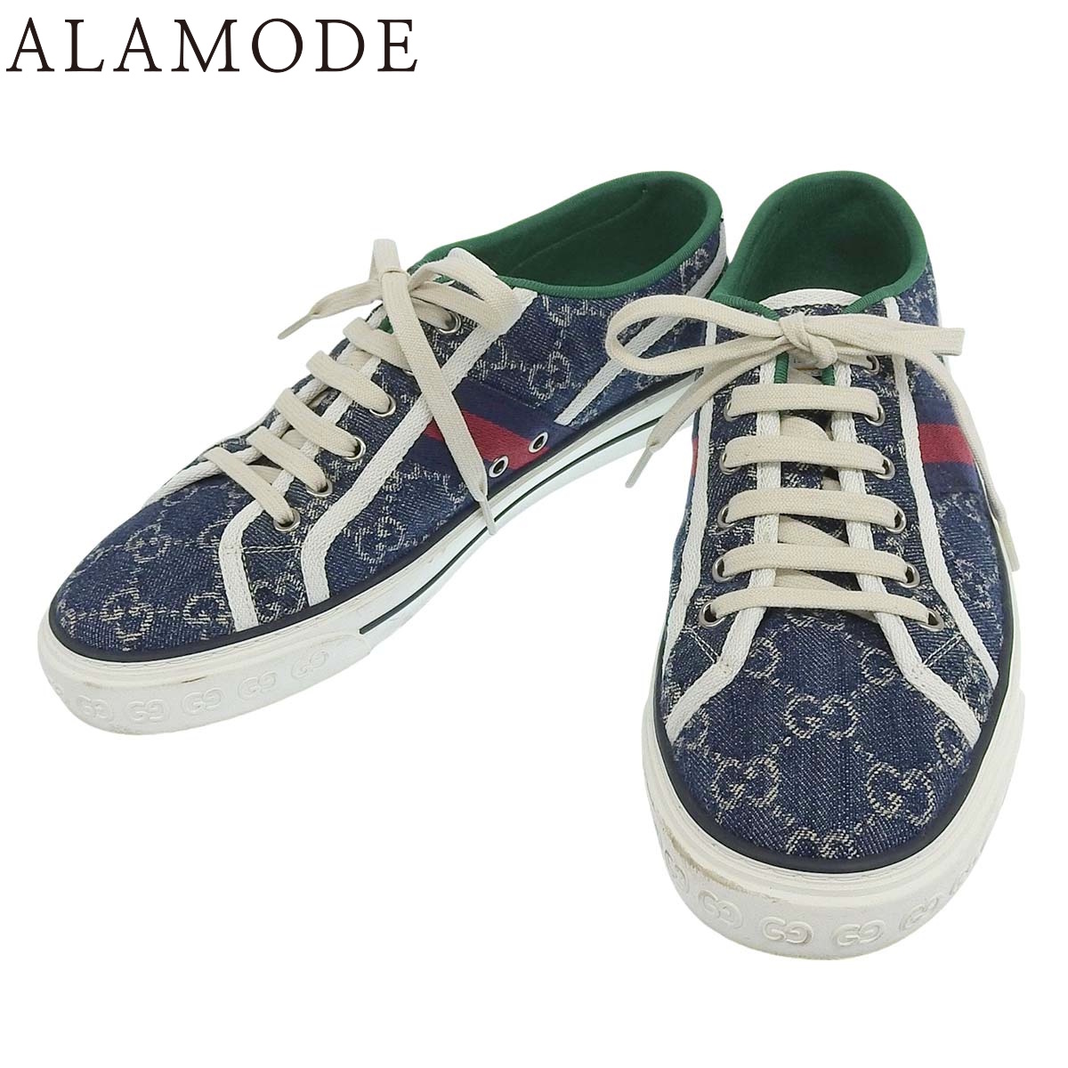GUCCI(グッチ) GGジーンズ 庭球 1977 スニーカー スニーカー 御召しもの 靴 シューズ 8 ジーンズ 天然ゴム 青碧青 象牙色 緑であること メンズ 40802193118【中古】【アラモード】