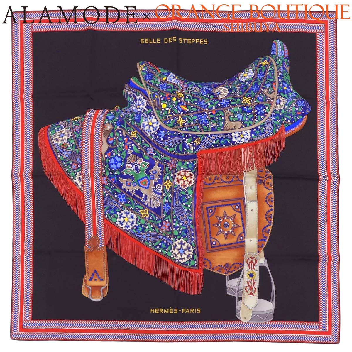 HERMES(エルメス) SELLE DES STEPPES カレ90 黒いこと黒 マルチ色合い 絹地 えり巻き 大判えり巻き 袈裟 流行り物小物 レディース 40802195099【中古】【アラモード】