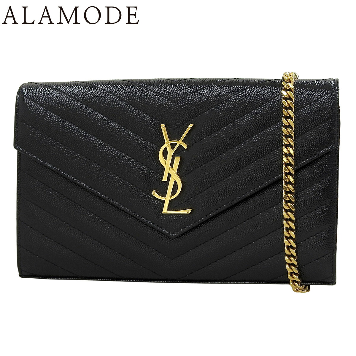 SAINT LAURENT PARIS(サンローランパリ) カサンドラ 状ぶくろ チェーンウォレット ショルダーバッグ 2WAY クラッチペダル 肩かけ 曲がった掛け V編み目 キルティング グレイン・ド・プードルレザー 黒いこと黒 ゴールド金具 377828BOW011000 40802193874【アラモード】