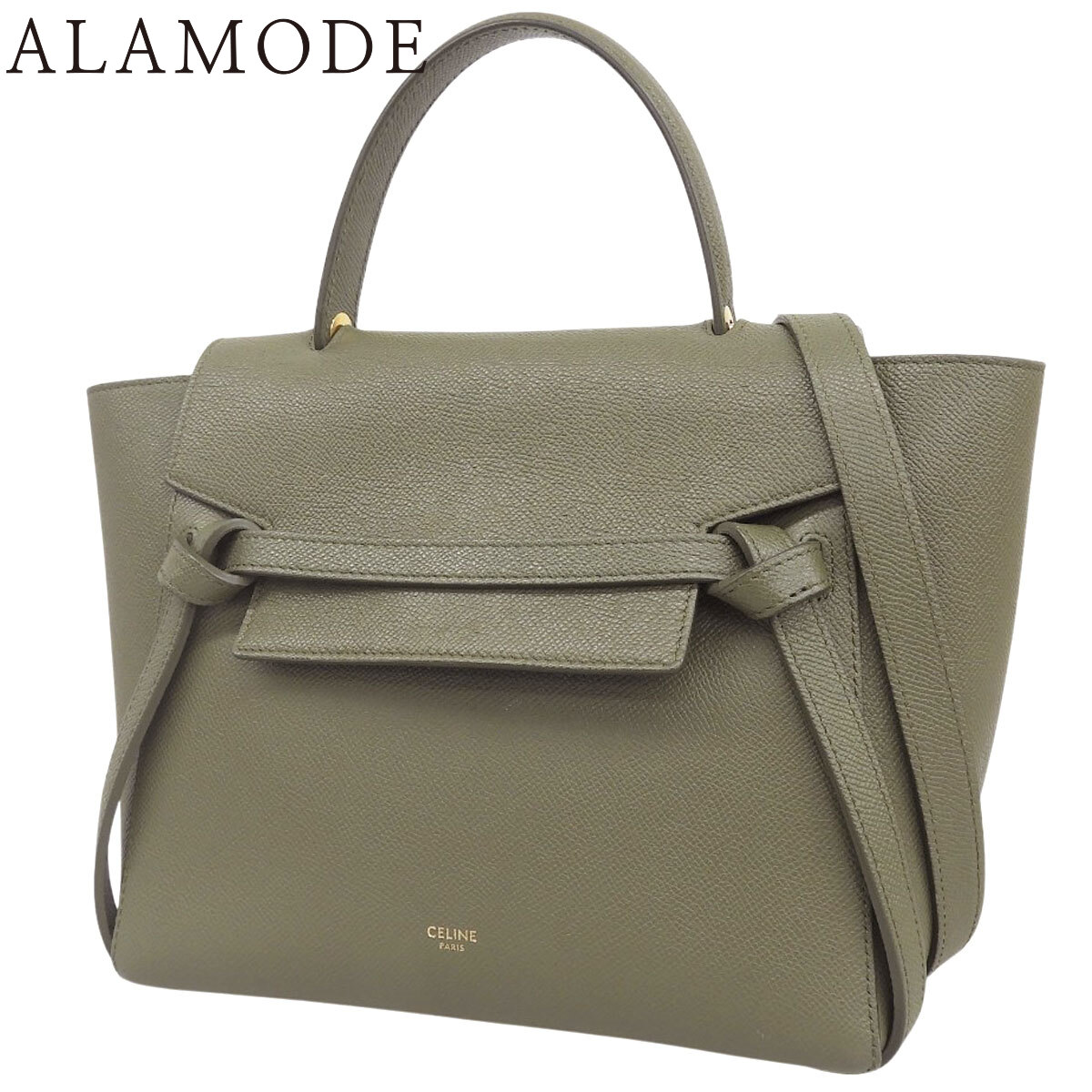 CELINE(セリーヌ) 胴締め御徒面子 マイクロ ハンドバック 2WAY 肩部 肩かけ グレインカーフレザー カーキ ゴールド金具 レディース 40802196727【中古】【アラモード】