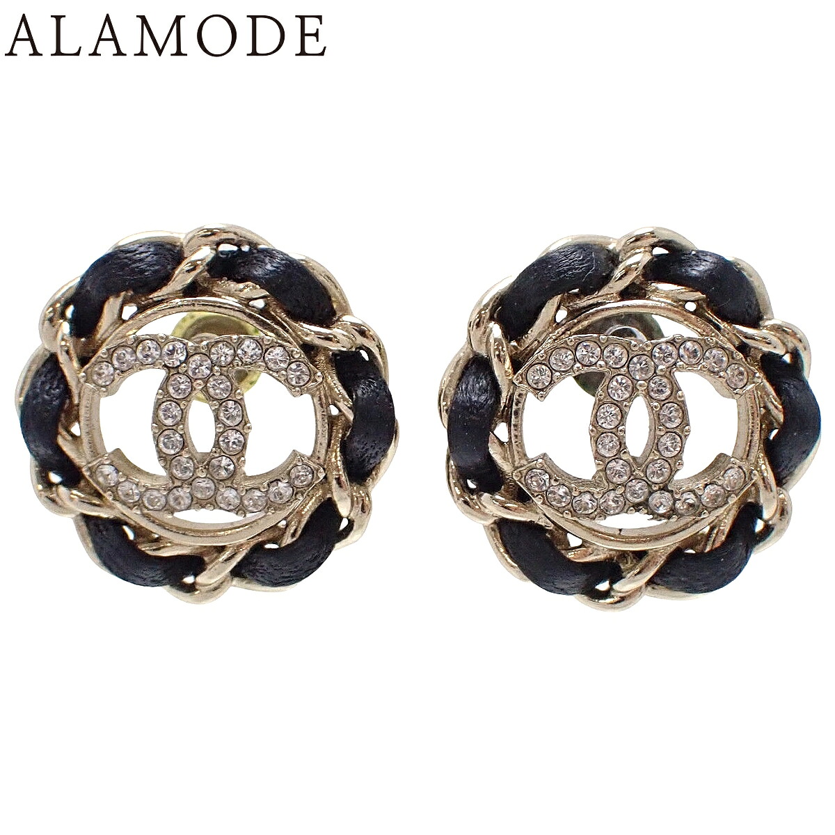 CHANEL(シャネル) ココマーク ピアス メタル(GP) レザー ラインストーン ピアス アクセサリー ジュエリー シャンパンゴールド 金 ブラック黒 レディース 40802205330【中古】【アラモード】｜ALAMODE
