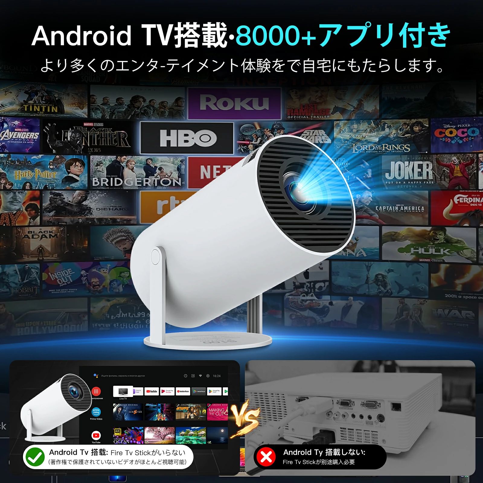 2025最新Android TV搭載/プロジェクター 家庭用 小型 天井 Bluetooth5.4 スピーカー 18000LM 1080P Wi-Fi6 スマホ接続可能 自動台形補正 操作簡単 短距離投影 OS/Android/パソコン/DVD/PS機/SWITCH接続可 プレゼントに最適 おすすめ｜ALASショップ