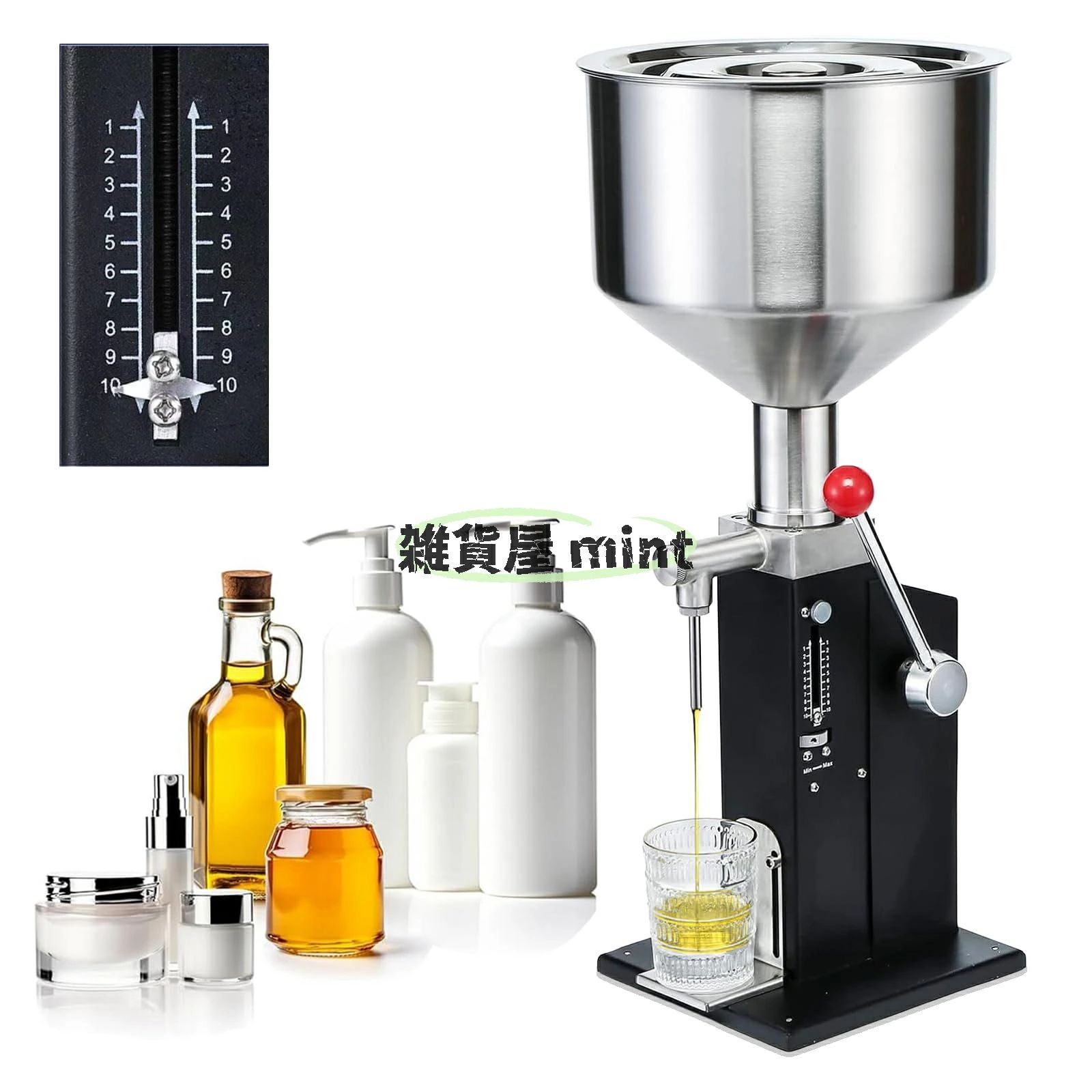 手動式定量充填機 進化版 卓上型 SUS304ステンレス製（牛乳/酒/蜂蜜/化粧品/シャンプー対応）低粘度～高粘性両用 目盛り付き 家庭用・業務用 電源不要 A03_10-100ml｜ALASTIME