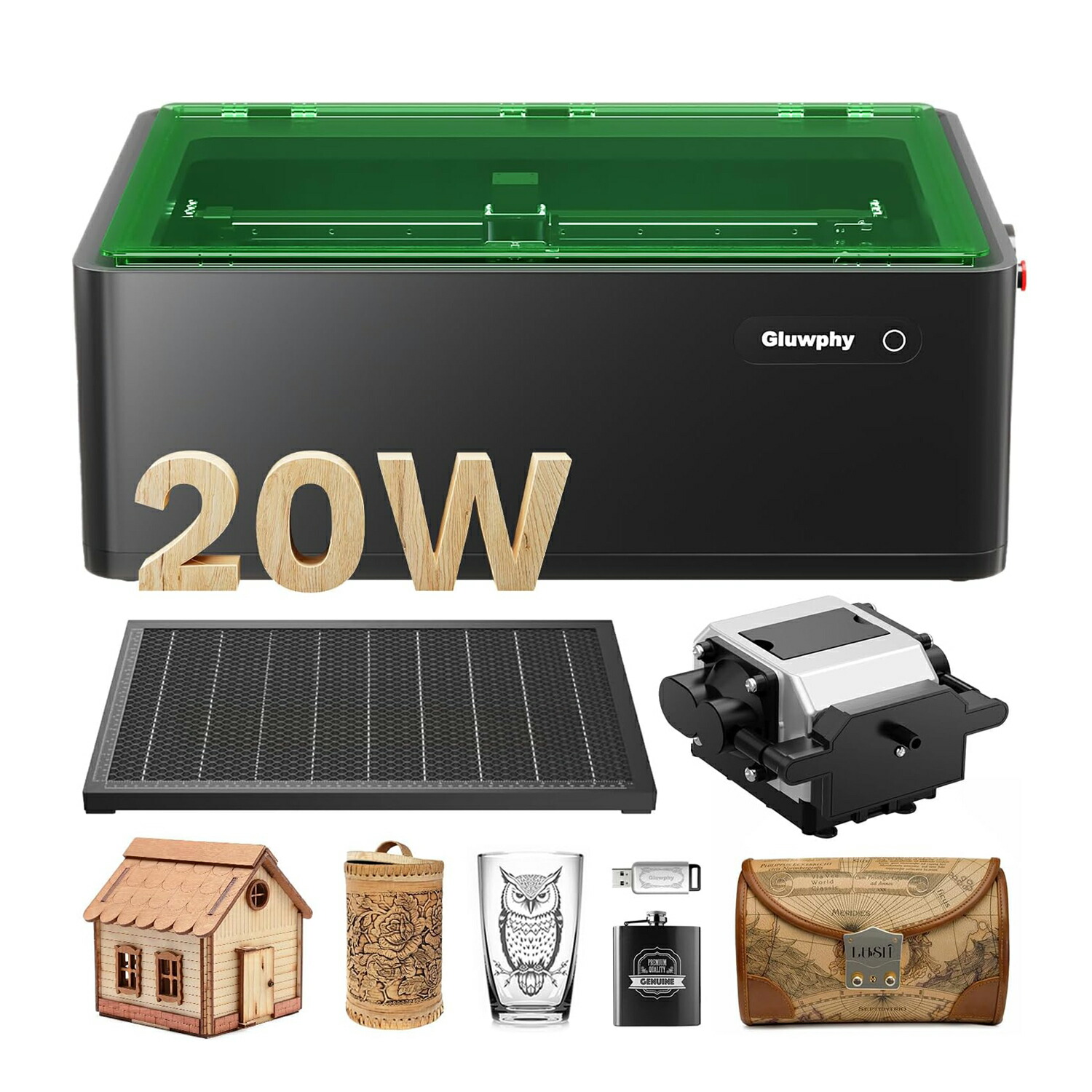 20W レーザ刻みつける機 身寄り用 未経験者おすすめ 0.01粍 高正確性 400粍 / 秒 レーザ工業機 材木・金属元素・アクリル樹脂・硝子・なめし革相応う 社会階級 1 安全性のある エア湖かばい立て + 水漉し付き添い人 ミニレーザーカッター