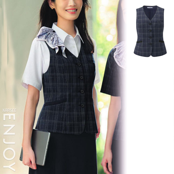 【特価】 事務服 より良い ESV1028 カーシーカシマ 老人ホーム洗い濯ぎ 洗える 洗い濯ぎ リクルート うしろ帯ユニフォーム 売れ筋  ネイビーチェック 5号 ～ 19号