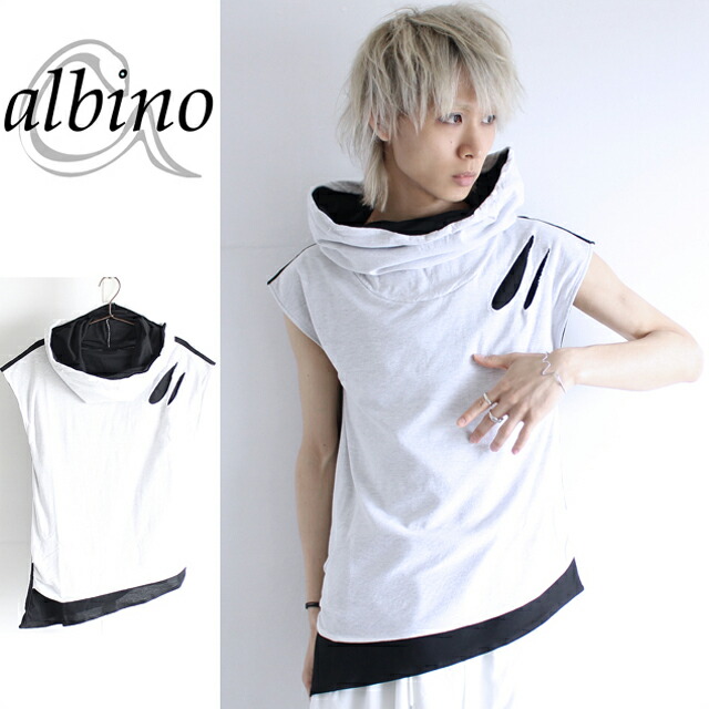 【eimuu】 ビッグネック×バイカラーダメージ加工フレンチスリーブアシメカットソー カットソー メンズ バイカラー ノースリーブ 半袖 オフタートル モード系 ファッション 白 ホワイト 黒 ブラック 変形 レディース ユニセックス 日本製 国産