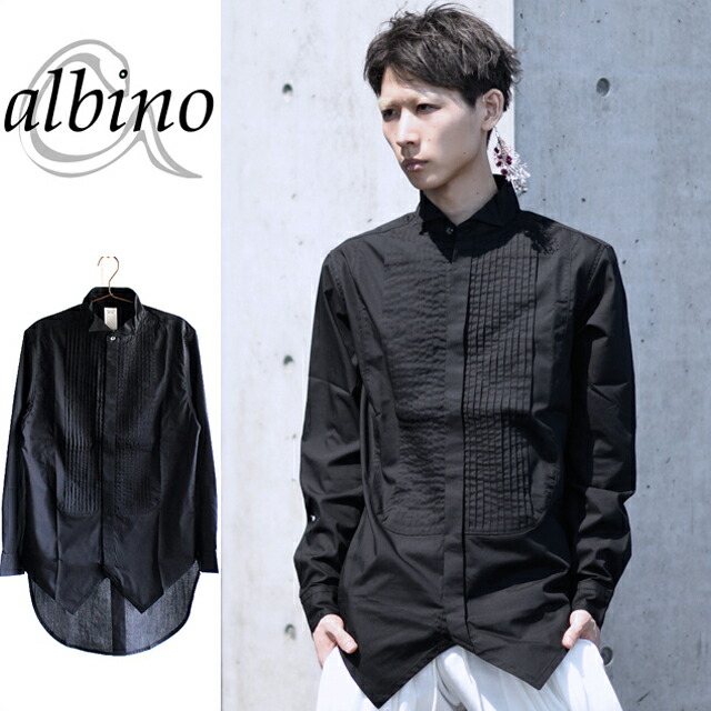 【albino】 バストプリーツウイングカラードレスシャツ ドレスシャツ メンズ リボン 長袖 フォーマル 立ち襟シャツ キレイめ モード系 ブラック 黒 個性的 日本製 国産 オリジナル 中性的 ユニセックス レディース