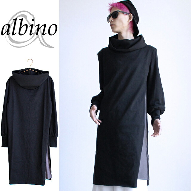 【eimuu】 ネック×サイド生地切り替えワンピース ワンピース メンズ ロング丈 長袖 モード系 チュニック ハイネック オフタートル バイカラー ブラック 黒 個性的 日本製 国産 中性的 ユニセックス レディース