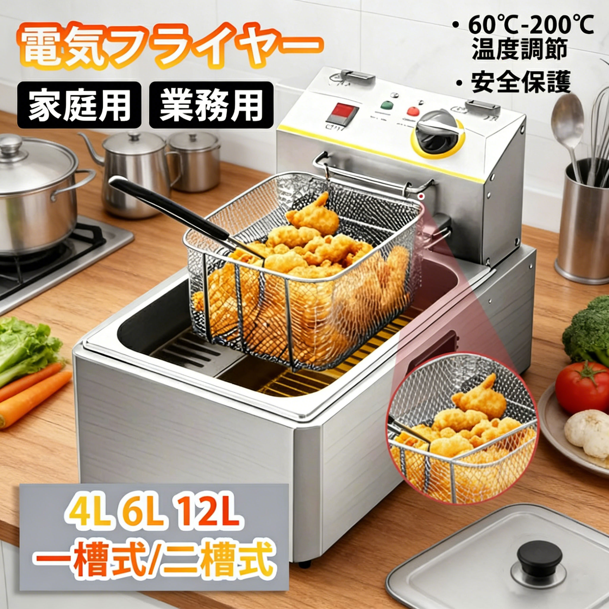電気フライヤー 業務用フライヤー ディ家庭用 ープフライヤー 卓上フライヤー ダブルオイルシリンダー 二槽式 4L 6L 12L 厨房機器 ミニフライヤー 揚げ物 調理器具 60℃-200℃温度調節 小型 串カツ 串揚げ エビフライ ドーナツ 操作簡単 防錆性あり PSE認証