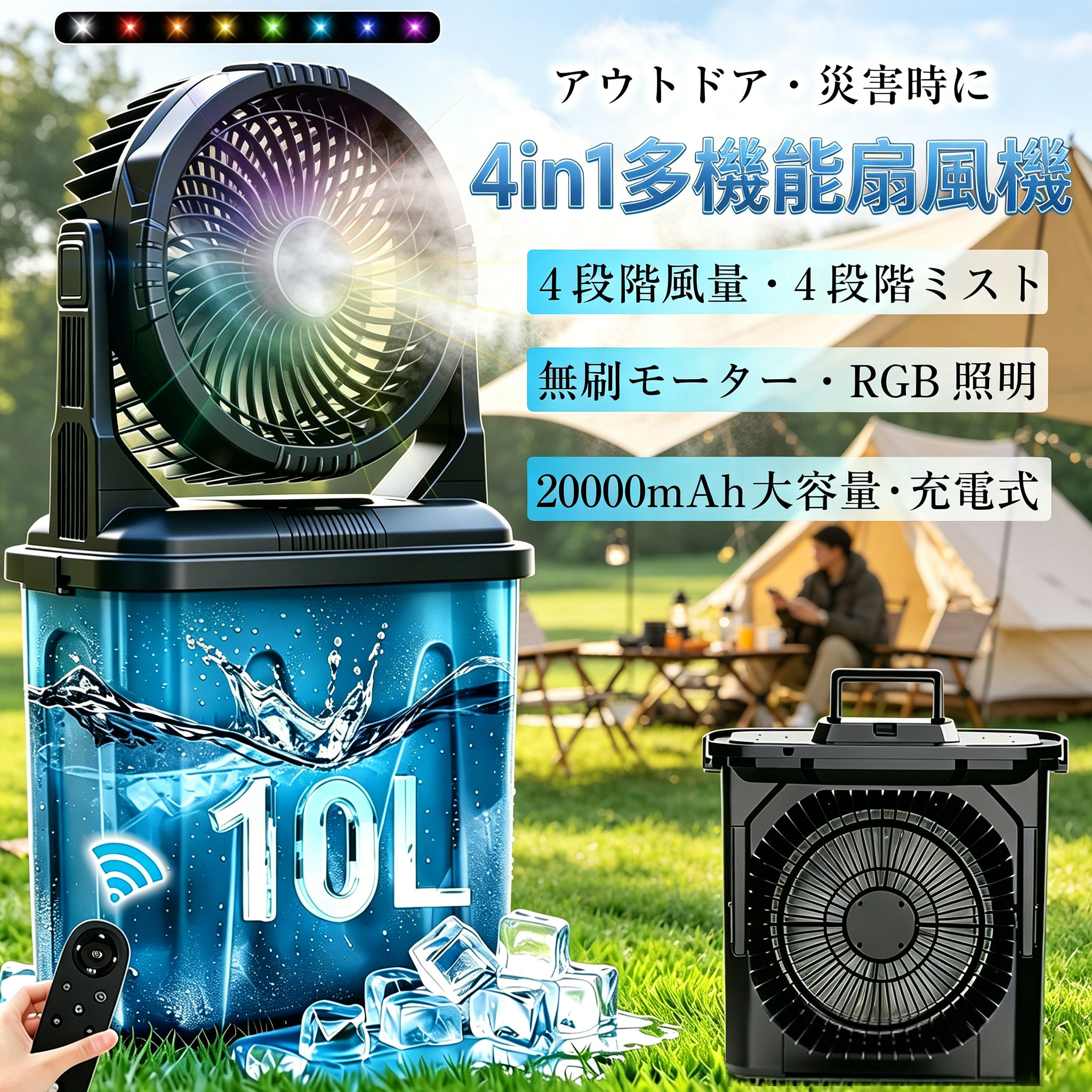 【2026最新進化版】キャンプ 扇風機 アウトドア ミスト 冷風機 吊り下げ 20000mAh 最大50時間稼働 10Lタンク 氷水対応 LEDランタン 4色RGB雰囲気ライト リモコン操作 静音 大風量 ポータブルファン テント サーキュレーター モバイルバッテリー機能付き 夏キャンプ 暑さ対策｜オールマイティBON
